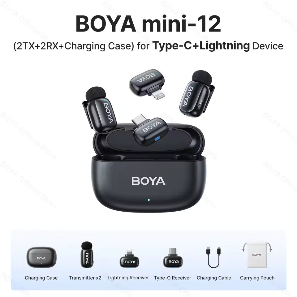 BOYA Mini 12 For ( Andriod Type C and I phone IOS ) Dual Wireless Microphone With Charging Case With 3 Year Warranty