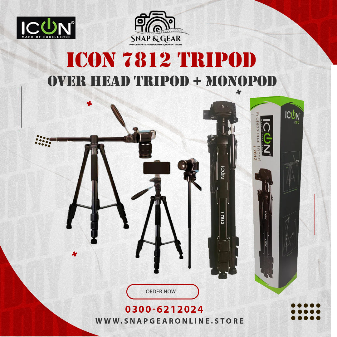 ICON i7812 Professional Overhead Tripod Plus Monopod Multipurpose For Mobiles, Mirrorless Cameras, DSLR