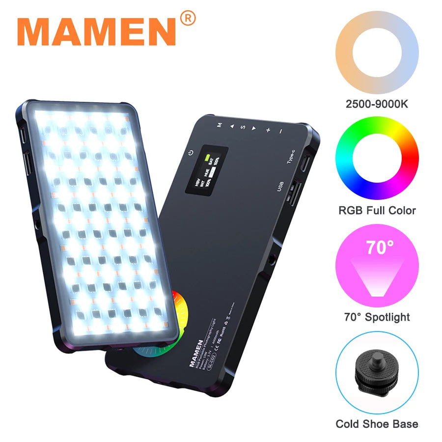 Mamen SL-C02 Video Light RGB 360° Bi-Color LED Illuminator 2500K-9000K with Internal Battery